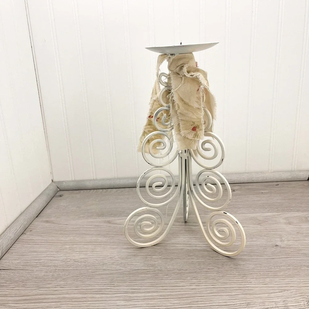Vintage Shabby Chic Candle Holder: Weathered White Iron, Floral Burlap